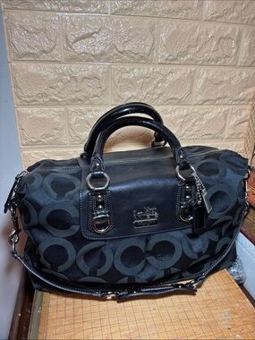 Coach Black Op Art Madison Satchel Leather Handles, Shoulder Strap, Silver Bag